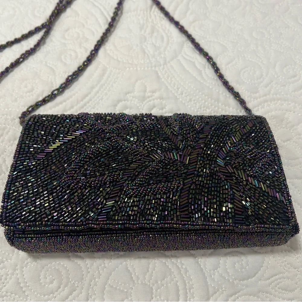 VTG Black Iridescent Beaded Evening Bag Clutch/Crossbody Purse 90s multi color
